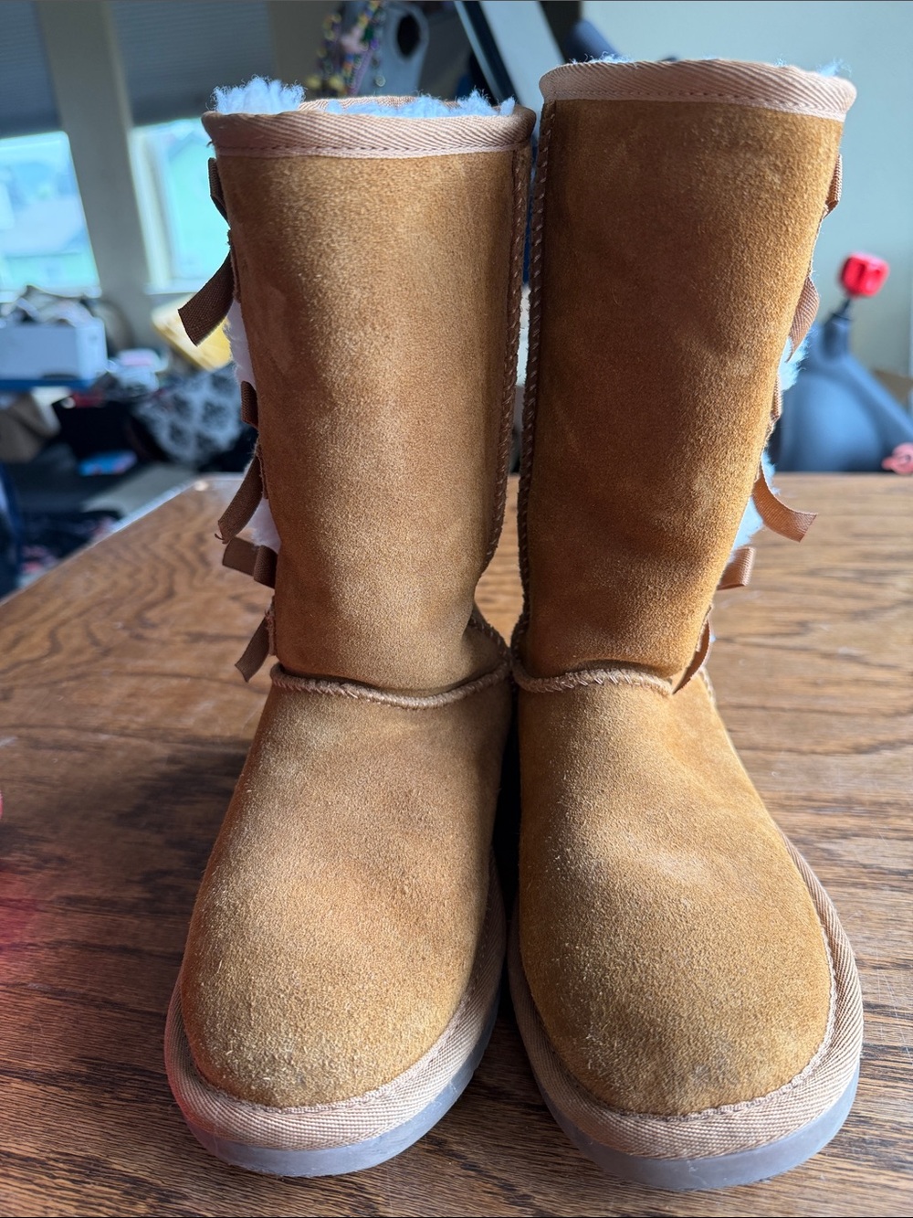 Koolaburra Kids Tan Suede Boots with White Fur Pom-Poms - Picture 3 of 5